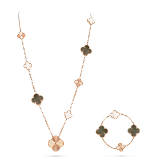 [Regalia jewelry]DETACHABLE CLOVER 15(11+4) FLOWER ROSE GOLD NECKLACE SET