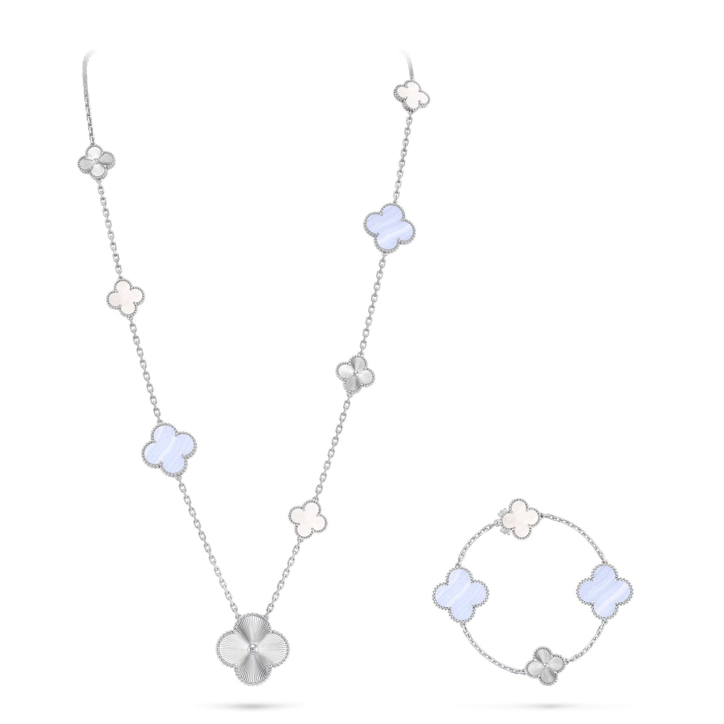 [Regalia jewelry]DETACHABLE CLOVER 15(11+4) FLOWER SILVER NECKLACE SET